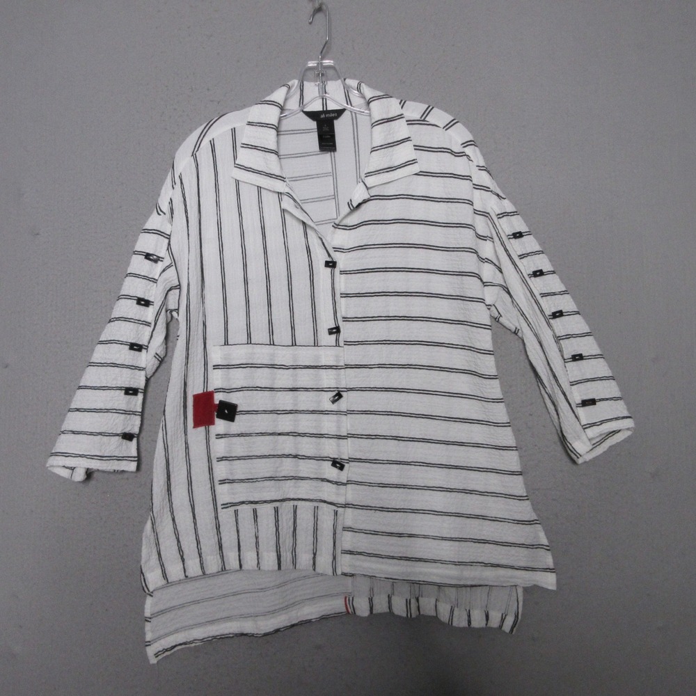 Ali Miles Tunic Top Small White Striped Lagenlook Art to Wear Textured Relaxed